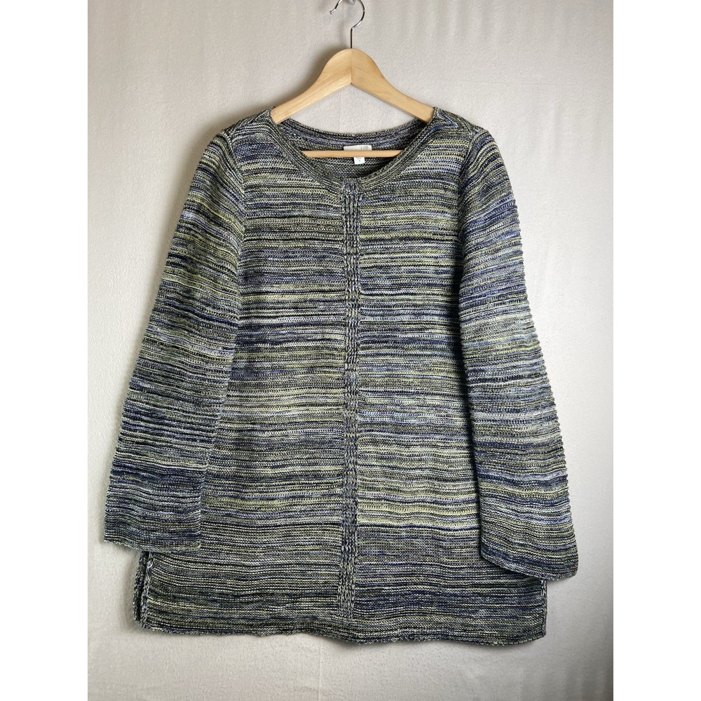 J. Jill Women's Knit Tunic Sweater M Blue Gray Striped Long Sleeve Cozy Casual